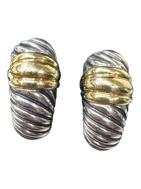 David Yurman Cable Classic Silver 925 14k Gold Shrimp Hoop Earrings Omega Backs